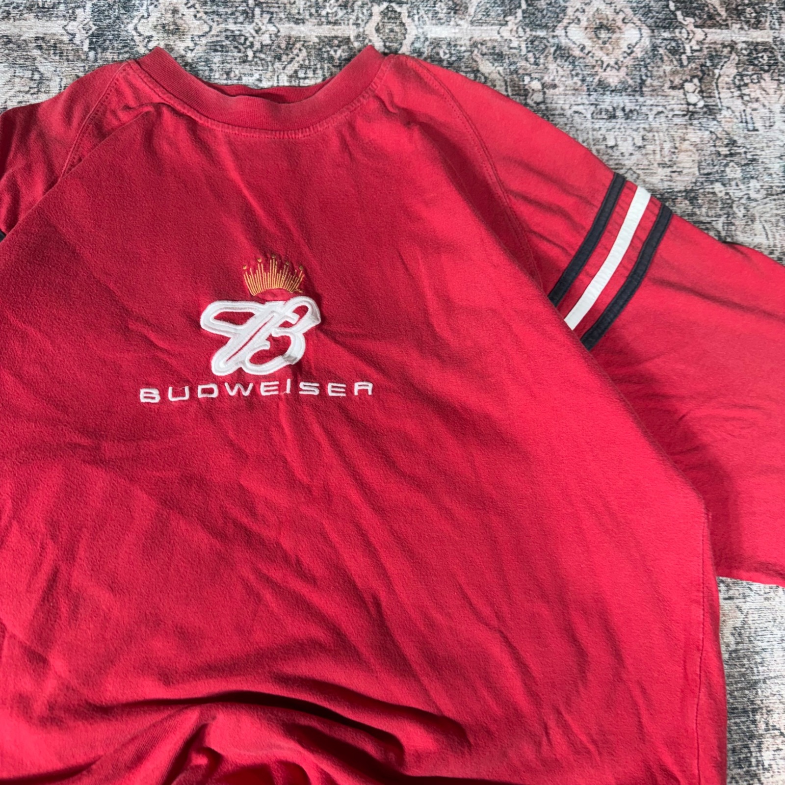 Vintage Budweiser Nascar Winners Circle Red Embroidered T-Shirt Mens Xl Striped